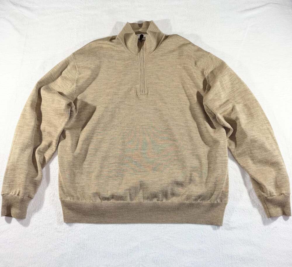 Fairway & Greene Quarter-Zip Lined Golf Pullover Sweater Tan Wool Blend, 2XL